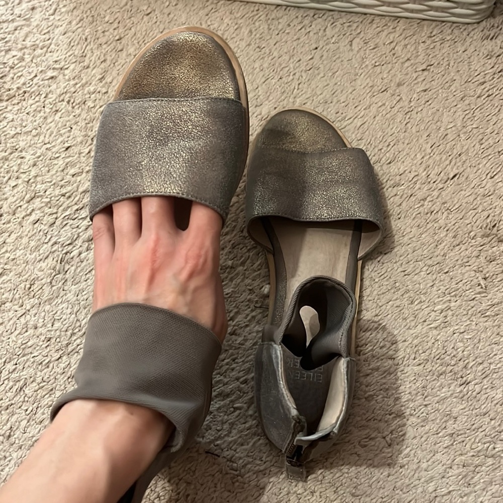 Eileen Fisher mesh Ankle Strap metallic suede leather open toe flat sandals sz 8